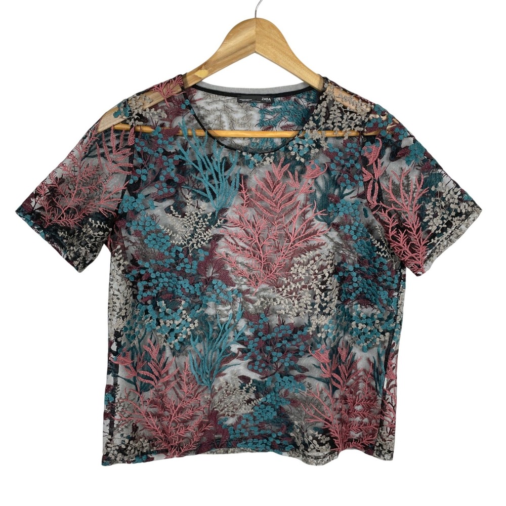 Zara Sheer Mesh Embroidered Botanical Print Top Womens M Modern Artsy Teal Pink - Picture 1 of 7